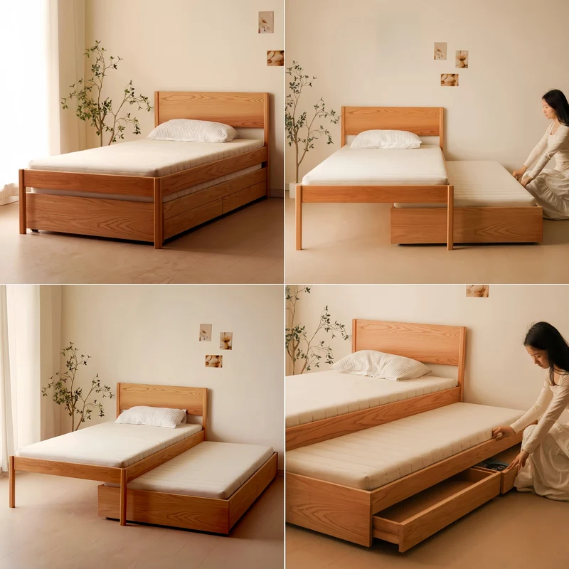 Plattformbett aus massiver Eiche mit ausziehbarem Gästebett und Stauschubladen darunter